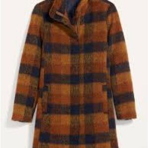 Soft-Brushed Plaid Funnel-Neck Coat in an orange, yellow, and black Small